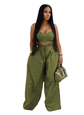 women vest+pants loose set 欧美收腰吊带背心纯色阔腿裤两件套