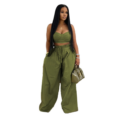 women vest+pants loose set 欧美收腰吊带背心纯色阔腿裤两件套