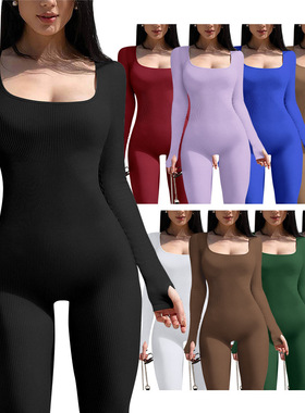 欧美纯色长袖弹力运动连体裤 women cotton sport jumpsuit pants