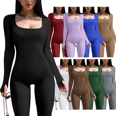 欧美纯色长袖弹力运动连体裤 women cotton sport jumpsuit pants