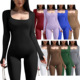 jumpsuit 欧美纯色长袖 pants cotton sport 弹力运动连体裤 women