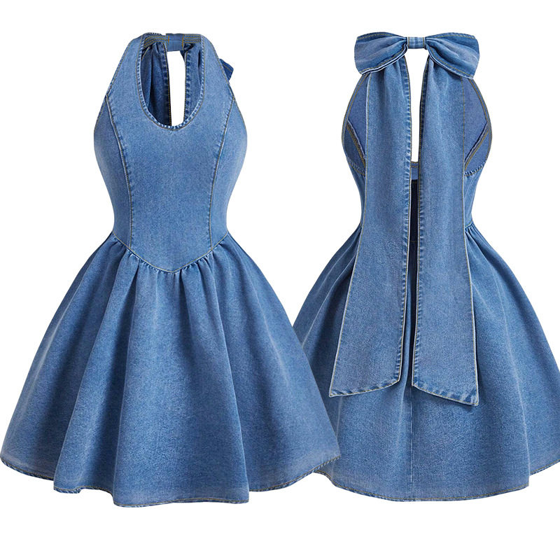 women jeans dress ladies sexy 2026蝴蝶结吊带蓬蓬裙牛仔连衣裙图片