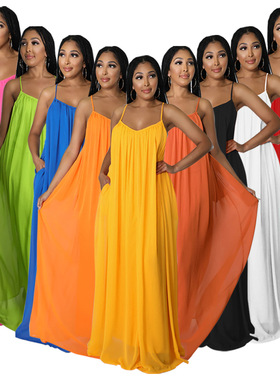 women summer dress fashion 欧美雪纺纯色休闲露背吊带连衣裙
