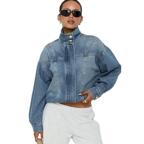 2026年欧美立领夹克宽松洗水牛仔女士长袖外套women jeans jacket