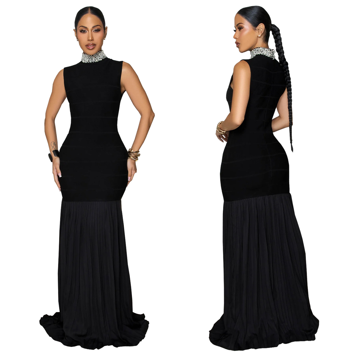 women black dresses party 2026欧美拼接压褶气质修身泡珠连衣裙