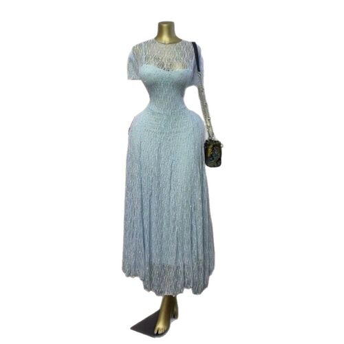 Ladies lace dress women 欧美气质圆领蕾丝短袖修身长款连衣裙