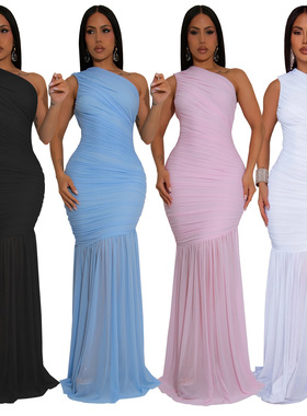 women slim party dress 2026欧美气质斜肩性感透视纯色连衣裙