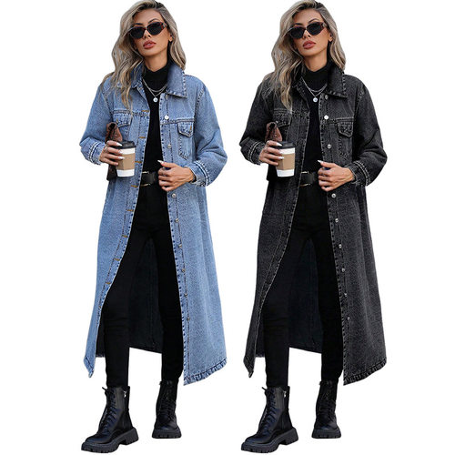 women jeans long coat fashion 2025欧美洋气牛仔长款外套时尚