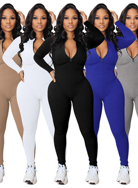 women cotton stretch jumpsuit 2022欧美新品坑条拉链运动连体裤