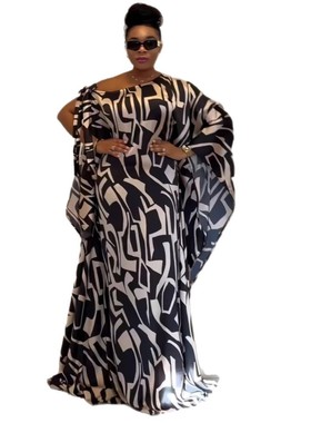 Ladies big size dress loose欧美印花绑带斜领大裙摆直筒连衣裙