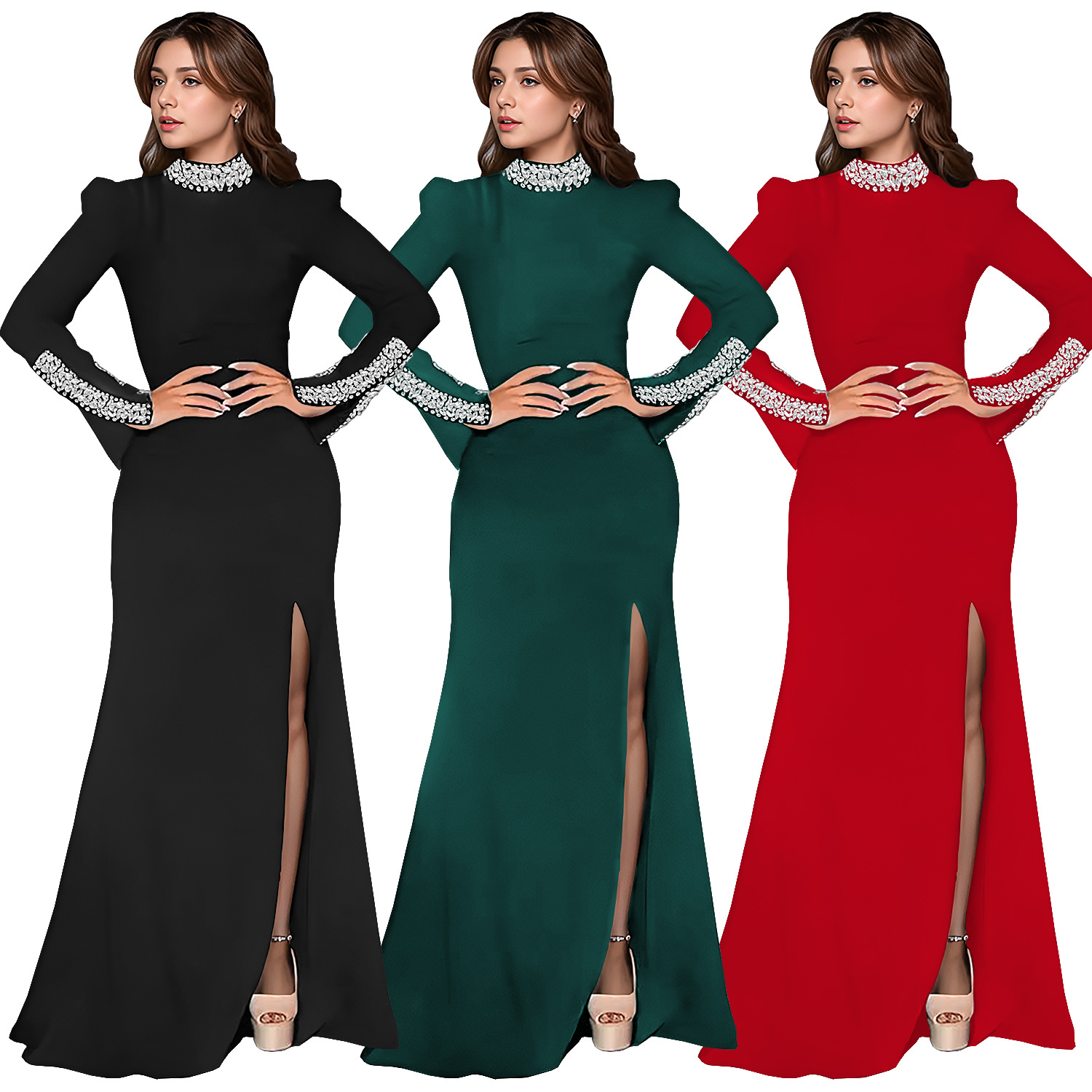 Ladies evening dresses women slim 欧美纯色长袖烫钻开叉连衣裙