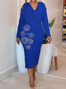 Ladies party dress 欧美优雅修身长袖露肩拉链水钻装饰连衣裙