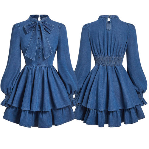 women jeans dress ladies casual 欧美蝴蝶结收腰修身牛仔连衣裙