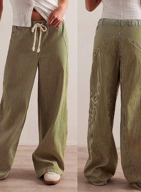 条纹阔腿牛仔裤女欧美宽松拼色显瘦直筒垂感裤 women pants loose