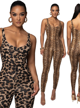 women stretch jumpsuit 新款大U领印花连体裤欧美时尚夜店装现货