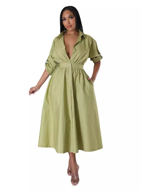 Ladies loose dress summer fashion 欧美衬衫裙束腰宽松长连衣裙