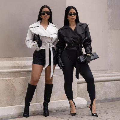 欧美翻领短款风衣外套双排扣修身上衣女 women short jacket coat