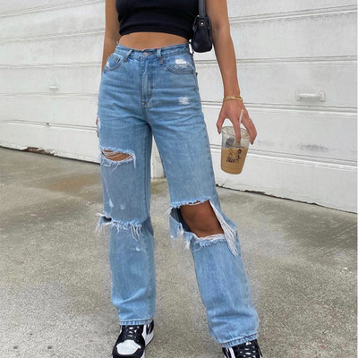 Ladies hole trousers sexy jeans 2024女士牛仔裤破洞显瘦长裤