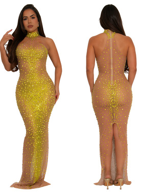 Ladies sexy night party dress 欧美性感透视网纱烫钻修身连衣裙