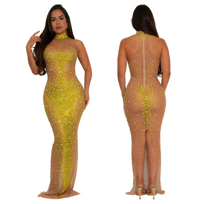 Ladies sexy night party dress 欧美性感透视网纱烫钻修身连衣裙