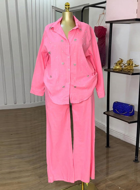women loose pants+shirt 欧美清新翻领长袖钉珠衬衫高腰直筒裤