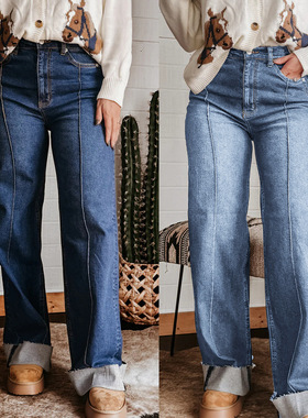 women jeans pants loose 2025欧美复古翻边阔腿高腰直筒牛仔裤女