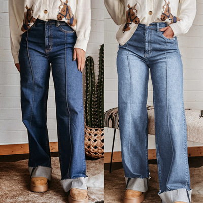 women jeans pants loose 2025欧美复古翻边阔腿高腰直筒牛仔裤女