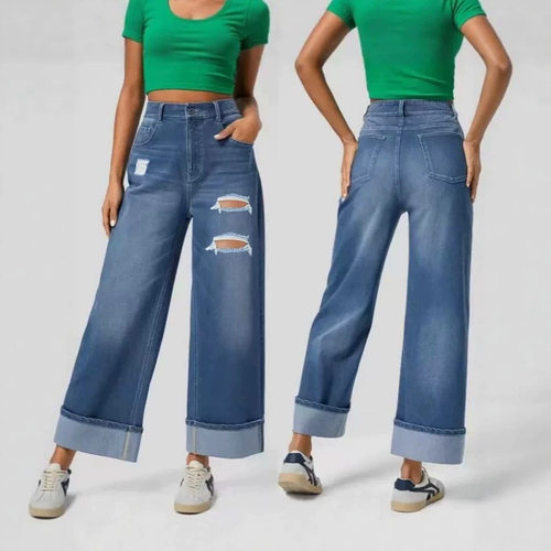 欧美大码破洞卷边牛仔女裤 women jeans pants trousers ladies
