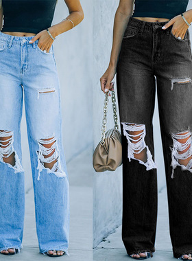 women jeans long pants fashion欧美女式2023街头潮人破洞牛仔裤