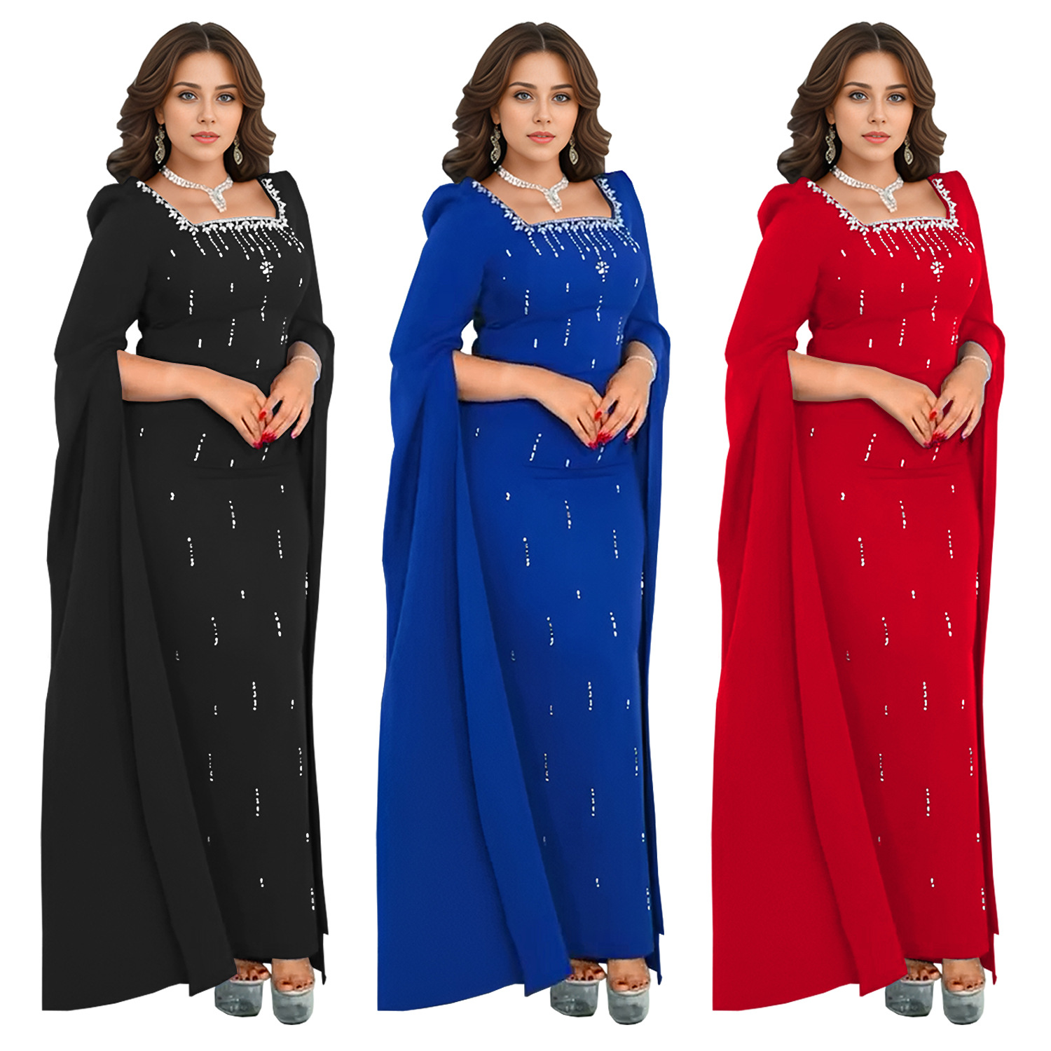 Ladies evening dresses women 欧美后开叉斗篷袖烫钻优雅连衣裙