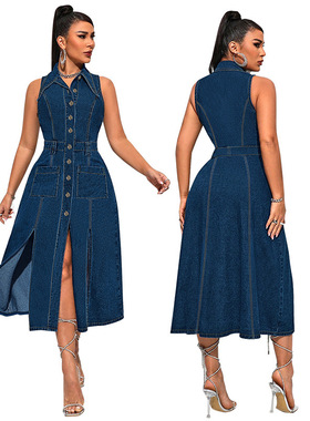 Ladies big size jeans dress 欧美大码牛仔开衫无袖开叉长连衣裙