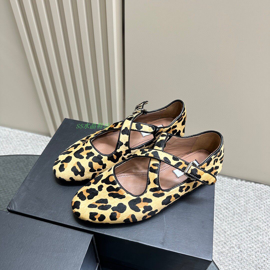 高定2023新款欧美金属皮带扣豹纹玛丽珍单鞋女平底舒适芭蕾跳舞鞋
