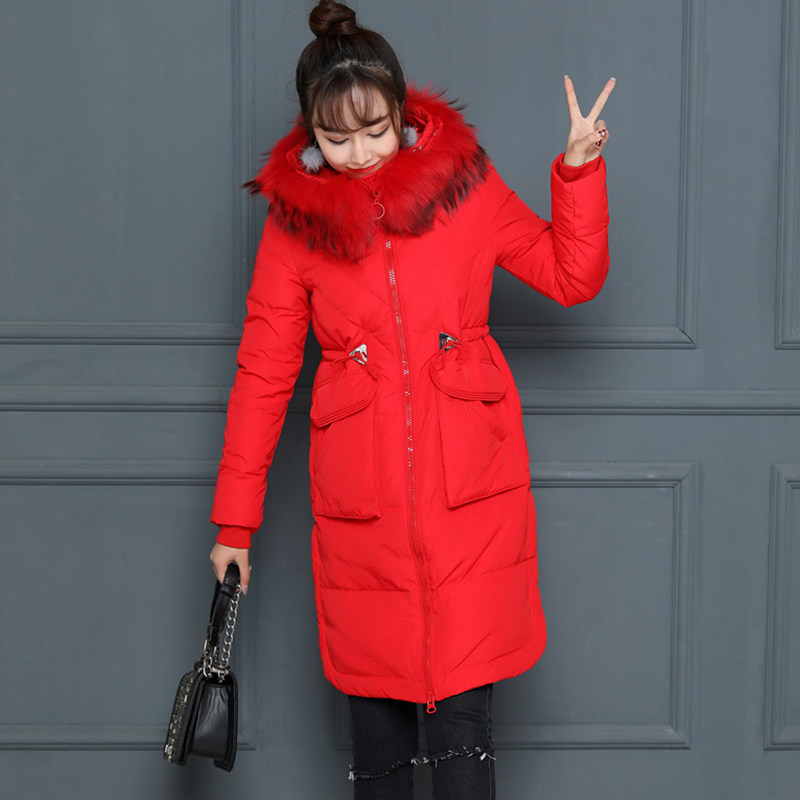 品牌清仓白鸭绒献爱心加厚中长款修身连帽纯色毛毛貉子时尚羽绒服