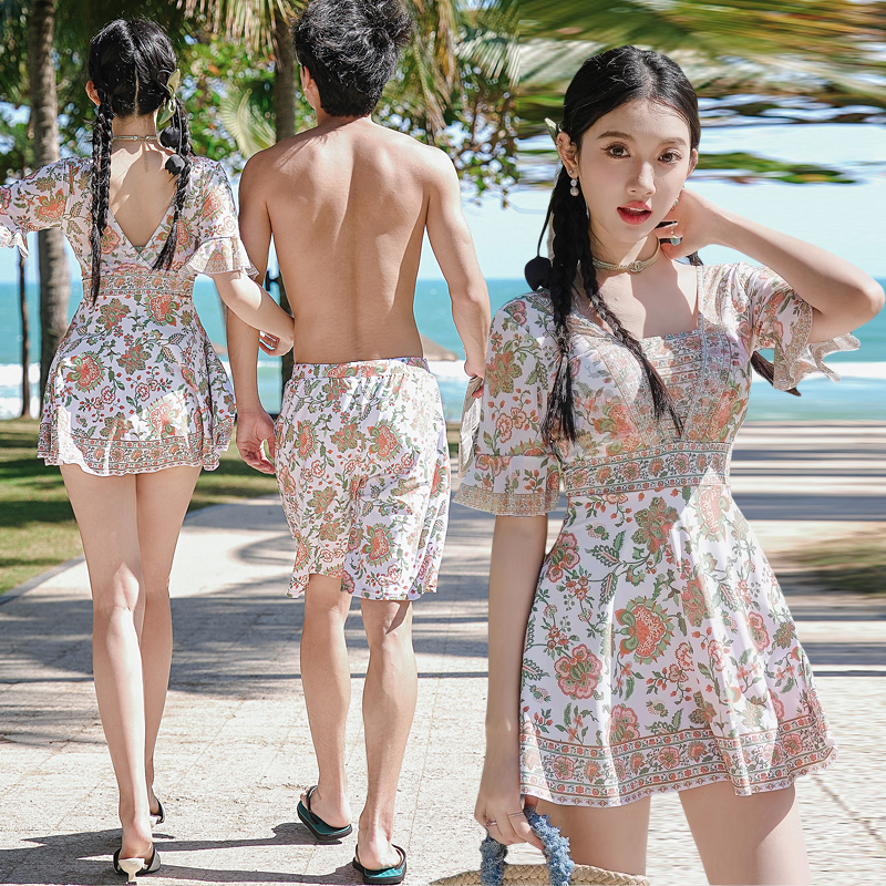 情侣泳衣女连体裙式保守平角大小胸钢托聚拢温泉沙滩裤泳裤男