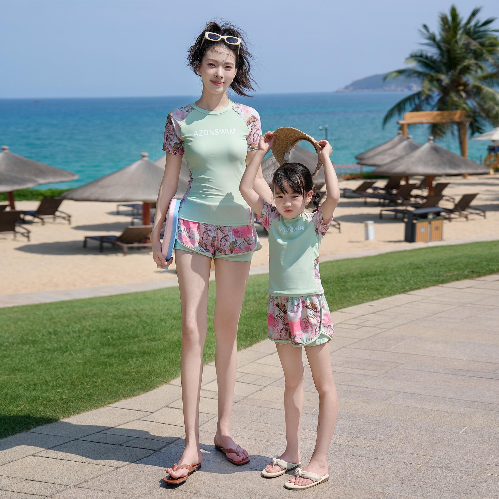 亲子套装泳衣分体两件套小清新运动风母女家庭装中大女童可爱泳衣