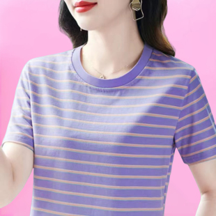 3色 4XL 气质妈妈条纹正肩圆领短袖 T恤夏季 洋气上衣女 110 新款