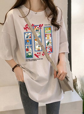 31463官图*180克双磨牛奶丝夏季t恤短袖学生慵懒印花中长款T恤女