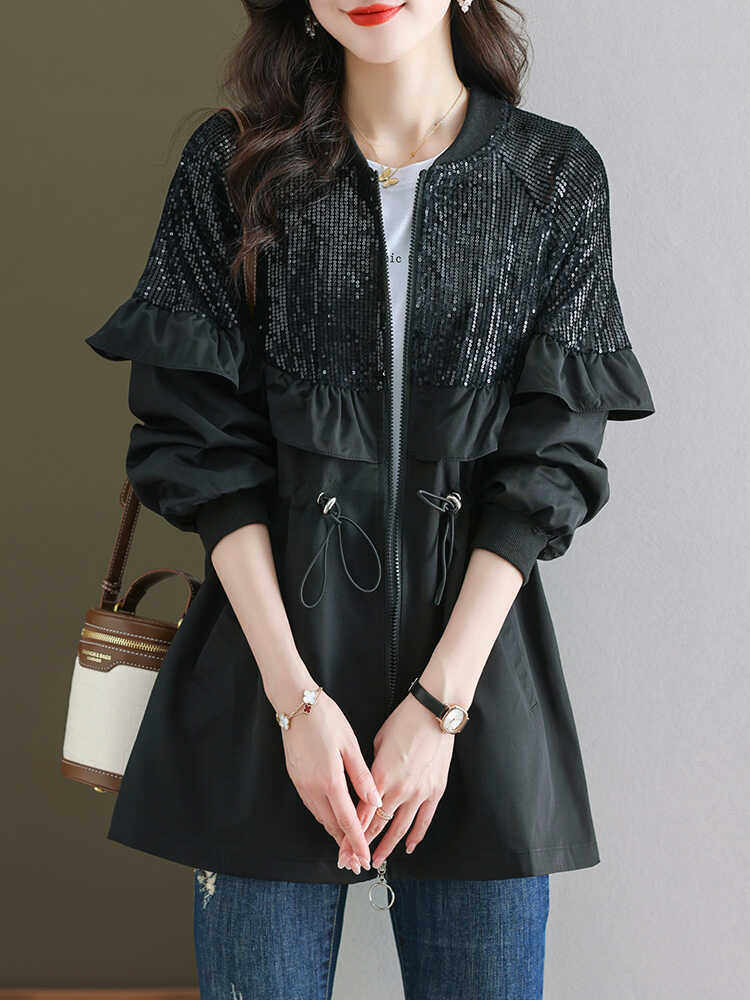 重工亮片装饰抽绳收腰风衣女春秋季新款韩版百搭时尚中长款外套潮