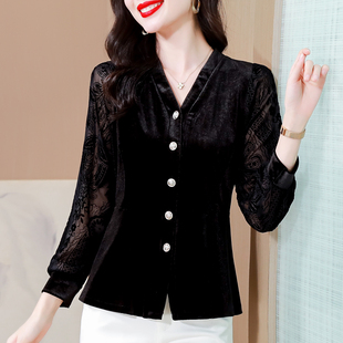 实拍长期现货2025秋冬新款 上衣女 小香气质V领排扣修身 丝绒长袖