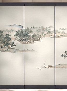 玻璃贴纸中式山水办公室静电艺术透光复古厨房玻璃门装饰贴画贴膜