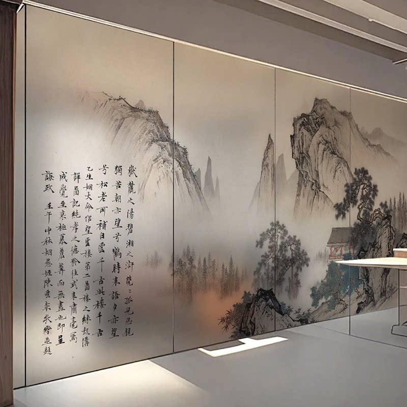 玻璃贴纸新款中式山水玻璃门双面磨砂静电透光不透明装饰贴画贴膜 - 实物图