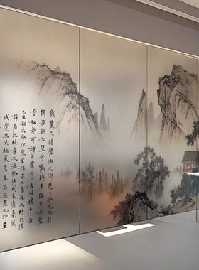 玻璃贴纸新款中式山水玻璃门双面磨砂静电透光不透明装饰贴画贴膜
