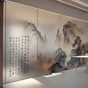 玻璃贴纸新款中式山水玻璃门双面磨砂静电透光不透明装饰贴画贴膜