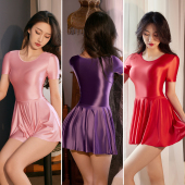 性感金属感光滑油亮紧身短袖 圆领连身裙超短伞裙蓬蓬裙家居睡裙