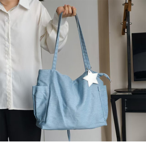 大容量通勤包蓝色帆布包上课装课本书包上班通勤大包拉链单肩包女