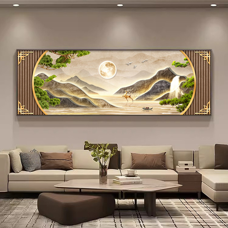 风景背靠山鹿山水客厅装饰画沙发背景墙挂画松树整一幅新中式壁画