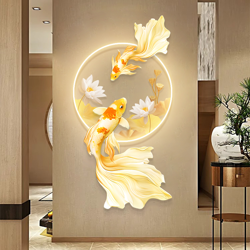 新中式荷花锦鲤入玄关装饰画个性客厅挂画走廊过道餐厅氛围灯壁画