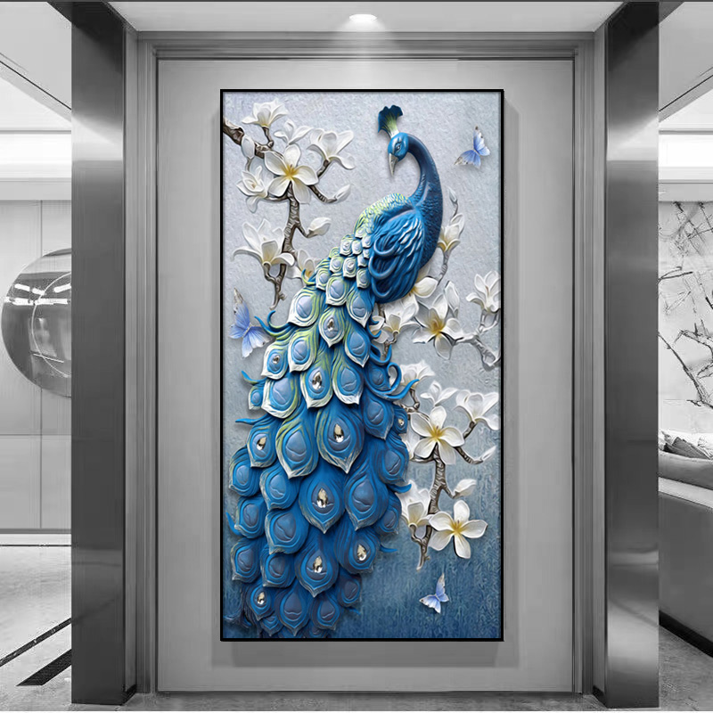 镶钻晶瓷孔雀入门玄关装饰画走廊过道墙尽头壁画客厅镇宅吉祥挂画