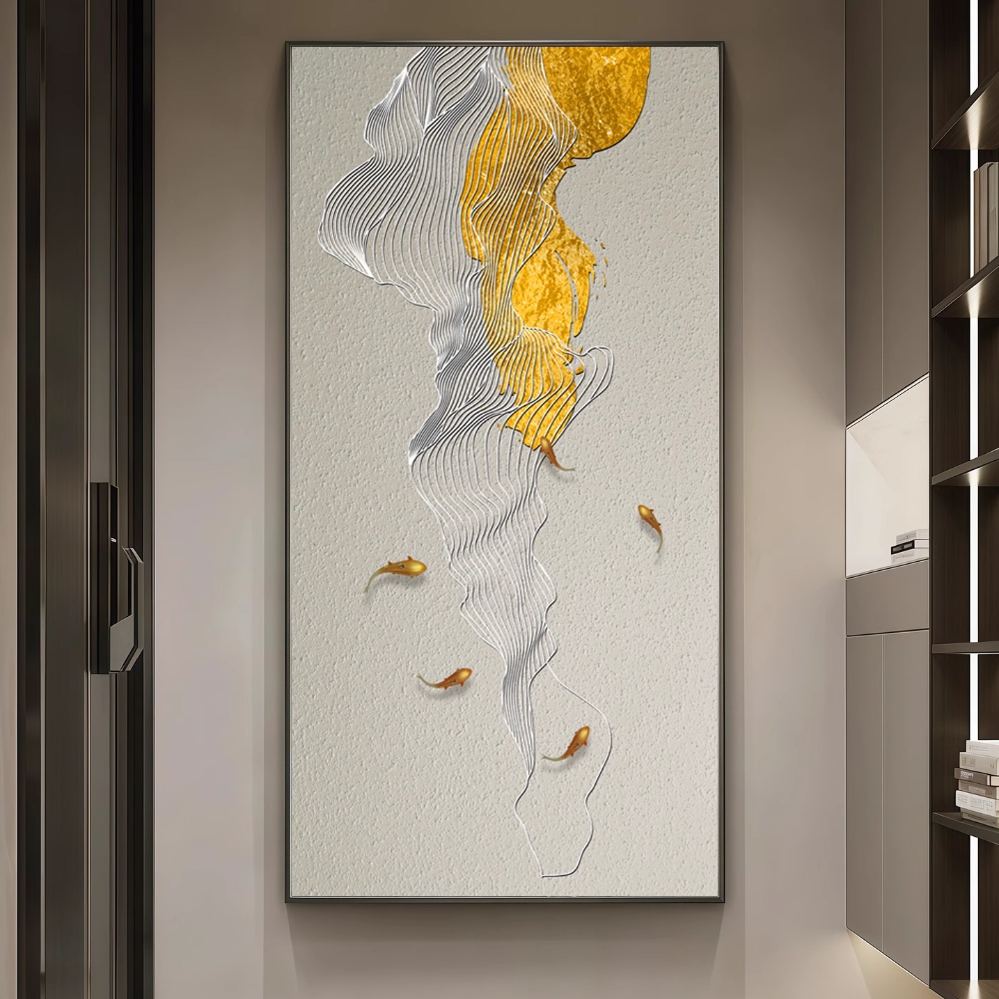 新中式锂鱼入户玄关装饰画轻奢走廊过道挂画客厅肌理浮雕画高档画图片