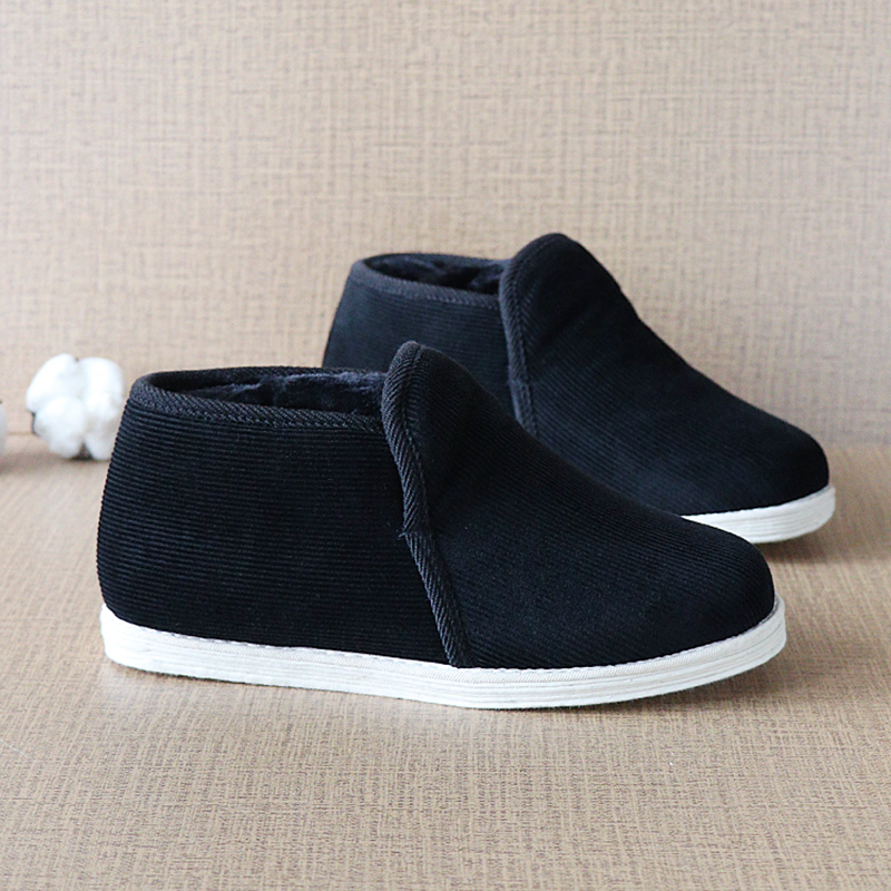 棉花棉鞋男冬季中老年千层底布鞋男加宽加肥加绒黑色布底保暖鞋男